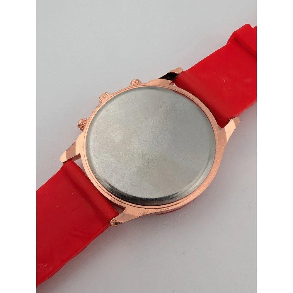 Geneva Watch Women 38mm Rose Gold‎ Case Red Silicone Band- New Battery